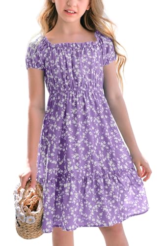Haloumoning Mädchen Kleider Eckiger Ausschnitt Blumenkleid Kleider Sommer Puffärmel A-Linie Midikleid Kinder Partykleid,Violett,9-10 Jahre von Haloumoning
