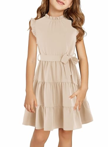 Haloumoning Mädchen Kleider Lässige Rüschenärmel Midikleid Kinder Plissiertes Party Kleid mit Gürtel Beige 8-10 Jahre von Haloumoning