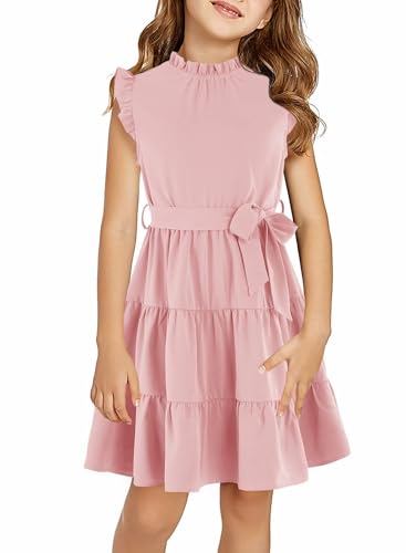 Haloumoning Mädchen Kleider Lässige Rüschenärmel Midikleid Kinder Plissiertes Party Kleid mit Gürtel Rosa 10-12 Jahre von Haloumoning