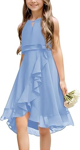 Haloumoning Mädchen Kleider Sommer Festlich Kleid Ärmellos Prinzessin Partykleid Brautjungfern Tanzen Ball Hochzeits Blumenmädchenkleid Blau 150 von Haloumoning