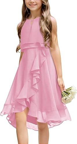 Haloumoning Mädchen Kleider Sommer Festlich Kleid Ärmellos Prinzessin Partykleid Brautjungfern Tanzen Ball Hochzeits Blumenmädchenkleid Rosa 160 von Haloumoning