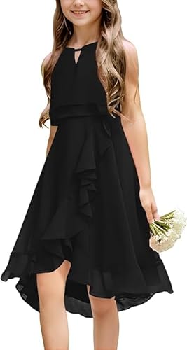 Haloumoning Mädchen Kleider Sommer Festlich Kleid Ärmellos Prinzessin Partykleid Brautjungfern Tanzen Ball Hochzeits Blumenmädchenkleid Schwarz 130 von Haloumoning