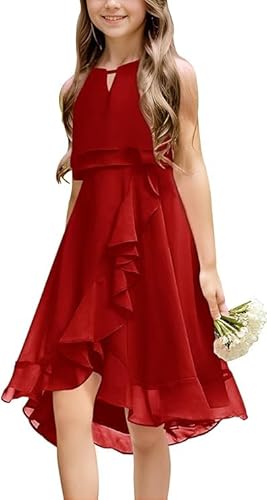 Haloumoning Mädchen Kleider Sommer Festlich Kleid Ärmellos Prinzessin Partykleid Brautjungfern Tanzen Ball Hochzeits Blumenmädchenkleid Rot 140 von Haloumoning