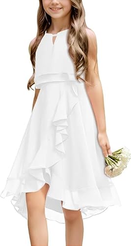 Haloumoning Mädchen Kleider Sommer Festlich Kleid Ärmellos Prinzessin Partykleid Brautjungfern Tanzen Ball Hochzeits Blumenmädchenkleid Weiß 140 von Haloumoning