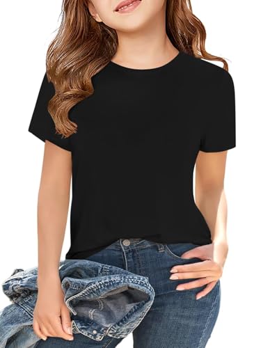 Haloumoning T-Shirt Mädchen Sommer Kurzarm Tops Kinder Tshirts Einfarbige Casual Sport Rundhalsausschnitt Tees Oberteile Schwarz 140 von Haloumoning