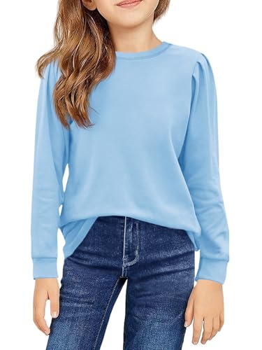 Haloumoning Mädchen Langarm T-Shirt Baumwolle Rundhals Top Leichtgewicht Sport Langarmshirt Basic Casual Sweatshirt Himmelblau 150 von Haloumoning