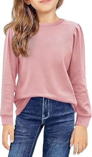 Haloumoning Mädchen Langarm T-Shirt Baumwolle Rundhals Top Leichtgewicht Sport Langarmshirt Basic Casual Sweatshirt Rosa 130 von Haloumoning