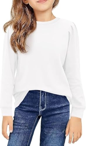 Haloumoning Mädchen Langarm T-Shirt Baumwolle Rundhals Top Leichtgewicht Sport Langarmshirt Basic Casual Sweatshirt Weiß 130 von Haloumoning