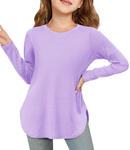 Haloumoning Mädchen Langarmshirt Kinder Rundhals Langarm T-Shirt Einfarbig Niedlich Tunika Oberteile Freizeit Basic Tops mit Seitenschlitzen, Lila, 5-6 Jahre von Haloumoning