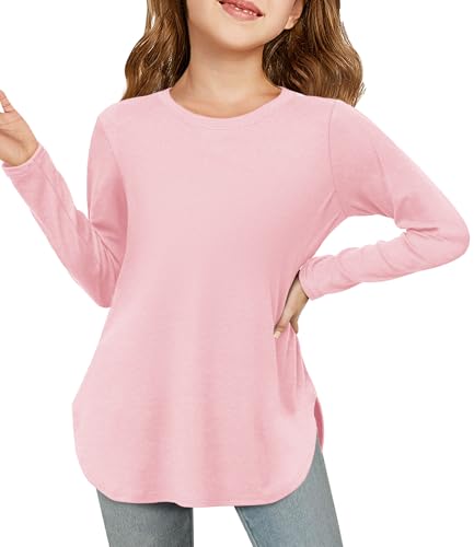 Haloumoning Mädchen Langarmshirt Kinder Rundhals Langarm T-Shirt Einfarbig Niedlich Tunika Oberteile Freizeit Basic Tops mit Seitenschlitzen, Rosa, 7-8 Jahre von Haloumoning