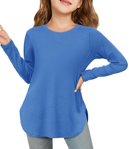 Haloumoning Mädchen Langarmshirt Kinder Rundhals Langarm T-Shirt Einfarbig Niedlich Tunika Oberteile Freizeit Basic Tops mit Seitenschlitzen, Saphirblau, 7-8 Jahre von Haloumoning