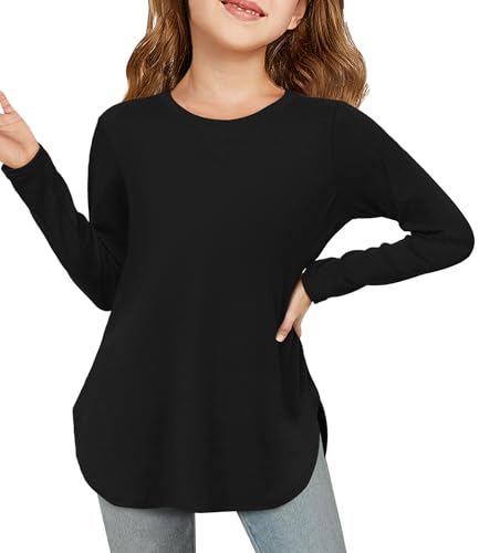 Haloumoning Mädchen Langarmshirt Kinder Rundhals Langarm T-Shirt Einfarbig Niedlich Tunika Oberteile Freizeit Basic Tops mit Seitenschlitzen, Schwarz, 7-8 Jahre von Haloumoning