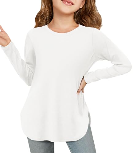 Haloumoning Mädchen Langarmshirt Kinder Rundhals Langarm T-Shirt Einfarbig Niedlich Tunika Oberteile Freizeit Basic Tops mit Seitenschlitzen, Weiß, 11-12 Jahre von Haloumoning