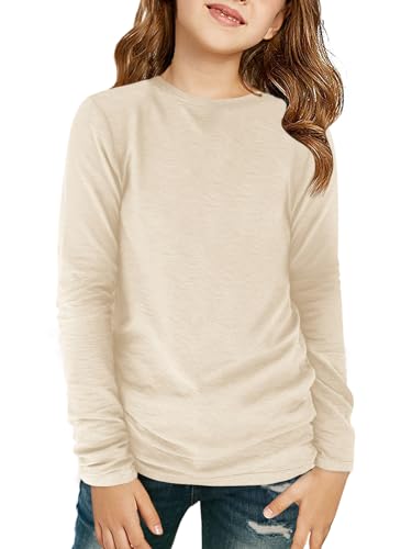 Haloumoning Mädchen Langarmshirt Kinder Rundhals Langarm T-Shirts Einfarbige Casual Sport Oberteile Herbst Niedlich Basic Tees Tops 7-14 Jahre, Aprikose, 9-10 Jahre von Haloumoning