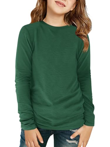 Haloumoning Mädchen Langarmshirt Kinder Rundhals Langarm T-Shirts Einfarbige Casual Sport Oberteile Herbst Niedlich Basic Tees Tops 7-14 Jahre, Dunkelgrün, 11-12 Jahre von Haloumoning