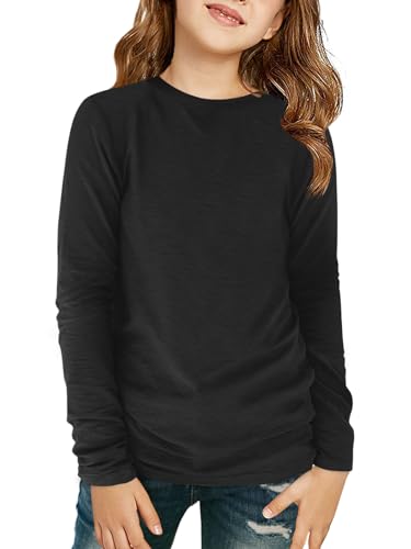 Haloumoning Mädchen Langarmshirt Kinder Rundhals Langarm T-Shirts Einfarbige Casual Sport Oberteile Herbst Niedlich Basic Tees Tops 7-14 Jahre, Schwarz, 7-8 Jahre von Haloumoning