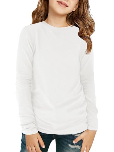 Haloumoning Mädchen Langarmshirt Kinder Rundhals Langarm T-Shirts Einfarbige Casual Sport Oberteile Herbst Niedlich Basic Tees Tops 7-14 Jahre, Weiß, 9-10 Jahre von Haloumoning
