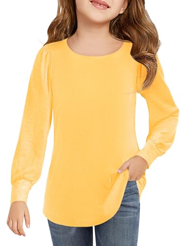Haloumoning Mädchen Langarmshirt Rundhals Puffärmel T-Shirt Kinder Einfarbig Niedlich Freizeit Shirts Mode Basic Oberteile 5-14 Jahre, Gelb, 9-10 Jahre von Haloumoning