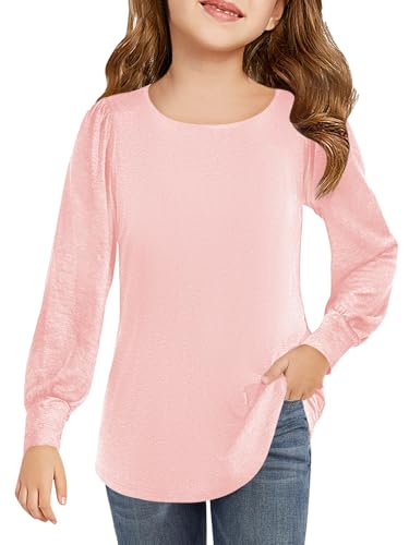 Haloumoning Mädchen Langarmshirt Rundhals Puffärmel T-Shirt Kinder Einfarbig Niedlich Freizeit Shirts Mode Basic Oberteile 5-14 Jahre, Hellrosa, 7-8 Jahre von Haloumoning