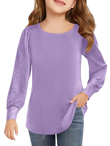 Haloumoning Mädchen Langarmshirt Rundhals Puffärmel T-Shirt Kinder Einfarbig Niedlich Freizeit Shirts Mode Basic Oberteile 5-14 Jahre, Lila, 11-12 Jahre von Haloumoning