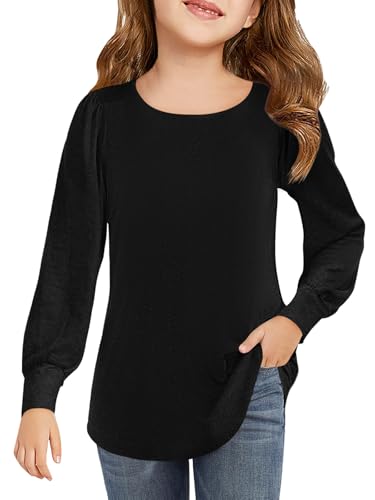 Haloumoning Mädchen Langarmshirt Rundhals Puffärmel T-Shirt Kinder Einfarbig Niedlich Freizeit Shirts Mode Basic Oberteile 5-14 Jahre, Schwarz, 13-14 Jahre von Haloumoning