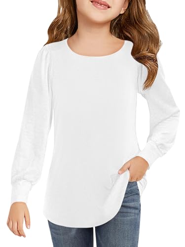 Haloumoning Mädchen Langarmshirt Rundhals Puffärmel T-Shirt Kinder Einfarbig Niedlich Freizeit Shirts Mode Basic Oberteile 5-14 Jahre, Weiß, 5-6 Jahre von Haloumoning