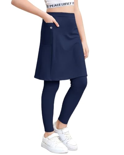 Haloumoning Mädchen Leggings mit Rock Knöchelläng Kinder Laufhose Tennisrock mit Taschen Yoga Sport Rockhose Tennisbekleidung 2-in-1 Dunkelblau 3-4 Jahre von Haloumoning