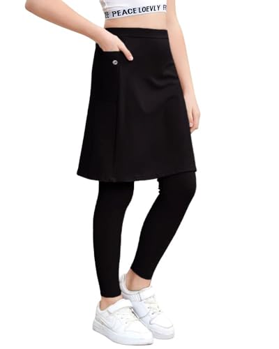 Haloumoning Mädchen Leggings mit Rock Knöchelläng Kinder Laufhose Tennisrock mit Taschen Yoga Sport Rockhose Tennisbekleidung 2-in-1 Schwarz 4-6 Jahre von Haloumoning
