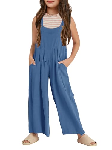 Haloumoning Mädchen Overalls Kinder Lässiger ärmelloser Jumpsuit mit weitem Bein Lose Strampler mit Taschen Blau 4-6 Jahre von Haloumoning