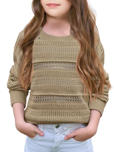 Haloumoning Mädchen Pullover Kinder Langarm Rundhals Einfarbige Strickpullover Mode Casual Hohle Pulli,Beige,11-12Jahre von Haloumoning