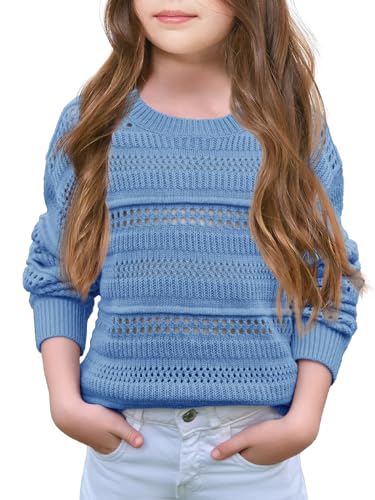 Haloumoning Mädchen Pullover Kinder Langarm Rundhals Einfarbige Strickpullover Mode Casual Hohle Pulli,Blau,5-6Jahre von Haloumoning