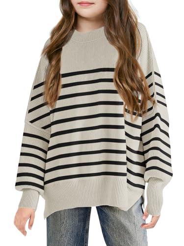 Haloumoning Pullover Mädchen Kinder Rundhals Oversized Strickpullover Herbst Winter Gestreifte Fledermausärmel Strickpulli, Khaki, 7-8 Jahre von Haloumoning