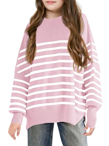 Haloumoning Pullover Mädchen Kinder Rundhals Oversized Strickpullover Herbst Winter Gestreifte Fledermausärmel Strickpulli, Rosa, 11-12 Jahre von Haloumoning