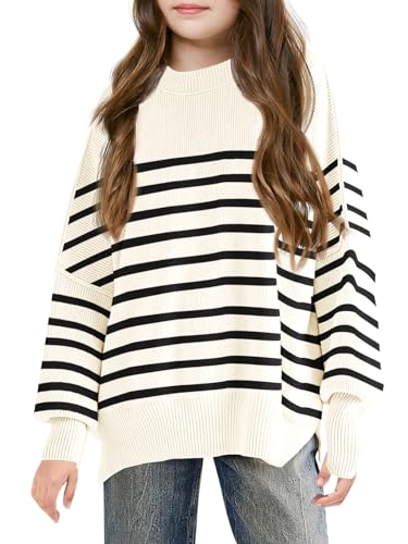 Haloumoning Pullover Mädchen Kinder Rundhals Oversized Strickpullover Herbst Winter Gestreifte Fledermausärmel Strickpulli, Weiß, 9-10 Jahre von Haloumoning