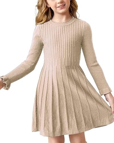 Haloumoning Mädchen Pullover Kleid Langarm A-Linie Strickkleid Warm Schule Herbst Winter Kleid Einfarbig Basic Freizeitkleid Partykleid Beige 160 von Haloumoning