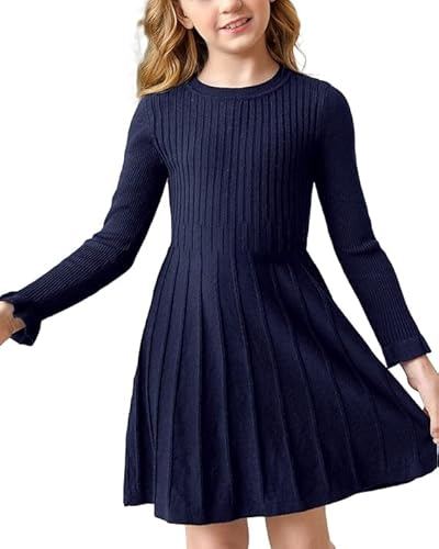 Haloumoning Mädchen Pullover Kleid Langarm A-Linie Strickkleid Warm Schule Herbst Winter Kleid Einfarbig Basic Freizeitkleid Partykleid Dunkelblau 140 von Haloumoning
