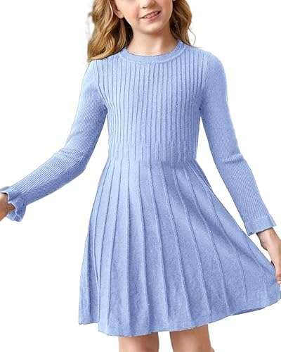 Haloumoning Mädchen Pullover Kleid Langarm A-Linie Strickkleid Warm Schule Herbst Winter Kleid Einfarbig Basic Freizeitkleid Partykleid Hellblau 140 von Haloumoning