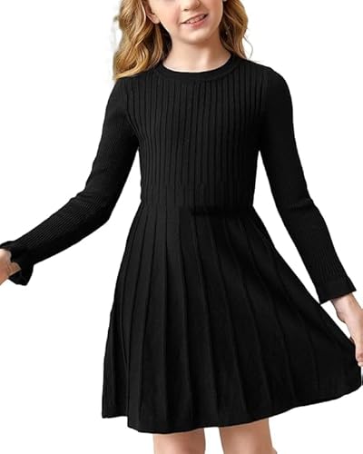 Haloumoning Mädchen Pullover Kleid Langarm A-Linie Strickkleid Warm Schule Herbst Winter Kleid Einfarbig Basic Freizeitkleid Partykleid Schwarz 130 von Haloumoning