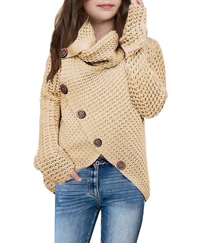 Haloumoning Mädchen Pullover Rollkragen Knopf Langarm Strickpullover Kinder Wrap Pulli Sweater, Beige, 6-8 Jahre von Haloumoning