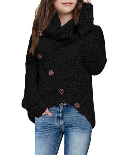 Haloumoning Mädchen Pullover Rollkragen Knopf Langarm Strickpullover Kinder Wrap Pulli Sweater, Schwarz, 4-6 Jahre von Haloumoning
