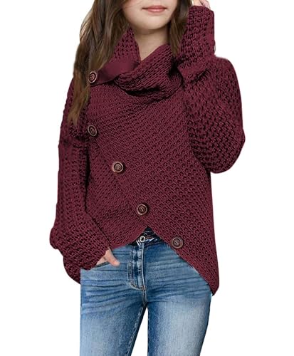 Haloumoning Mädchen Pullover Rollkragen Knopf Langarm Strickpullover Kinder Wrap Pulli Sweater, Weinrot, 4-6 Jahre von Haloumoning
