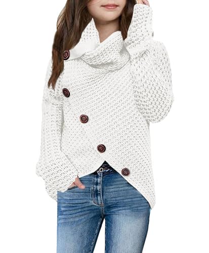 Haloumoning Mädchen Pullover Rollkragen Knopf Langarm Strickpullover Kinder Wrap Pulli Sweater, Weiß, 4-6 Jahre von Haloumoning