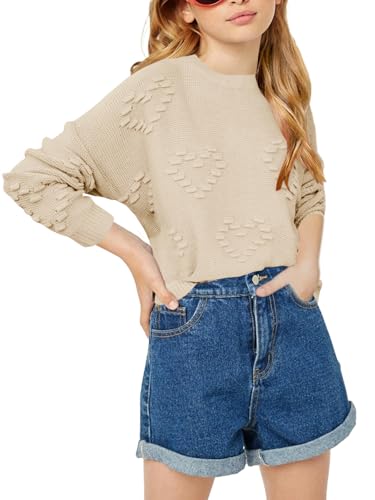Haloumoning Mädchen Pullover Rundhals Liebe Herz Print Niedlich Pulli Einfarbige Übergröße Strickpullover,Beige,11-12Jahre von Haloumoning