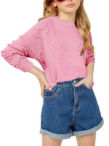 Haloumoning Mädchen Pullover Rundhals Liebe Herz Print Niedlich Pulli Einfarbige Übergröße Strickpullover,Rosa,5-6Jahre von Haloumoning