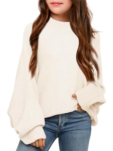 Haloumoning Mädchen Pullover Rundhalsausschnitt Leichter Strickpullover Kinder Einfarbig Langarm Knitted Sweater Winter Shirt Pulli Oberteile Beige 11-12 Jahre von Haloumoning