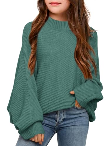 Haloumoning Mädchen Pullover Rundhalsausschnitt Leichter Strickpullover Kinder Einfarbig Langarm Knitted Sweater Winter Shirt Pulli Oberteile Grün 5-6 Jahre von Haloumoning