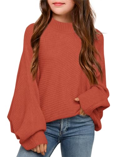 Haloumoning Mädchen Pullover Rundhalsausschnitt Leichter Strickpullover Kinder Einfarbig Langarm Knitted Sweater Winter Shirt Pulli Oberteile Orange 9-10 Jahre von Haloumoning