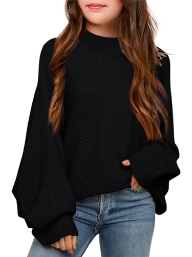 Haloumoning Mädchen Pullover Rundhalsausschnitt Leichter Strickpullover Kinder Einfarbig Langarm Knitted Sweater Winter Shirt Pulli Oberteile Schwarz 7-8 Jahre von Haloumoning