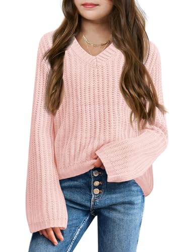 Haloumoning Mädchen Pullover V-Ausschnitt Leichter Strickpullover Kinder Basic Einfarbig Langarm Knitted Sweater Winter Shirt Pulli Oberteile Rosa 10-12 Jahre von Haloumoning