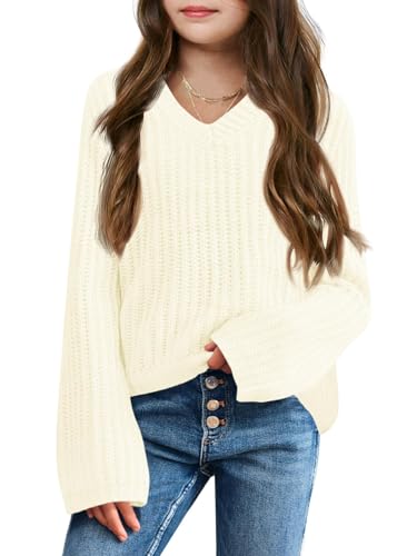 Haloumoning Mädchen Pullover V-Ausschnitt Leichter Strickpullover Kinder Basic Einfarbig Langarm Knitted Sweater Winter Shirt Pulli Oberteile Weiß 5-6 Jahre von Haloumoning